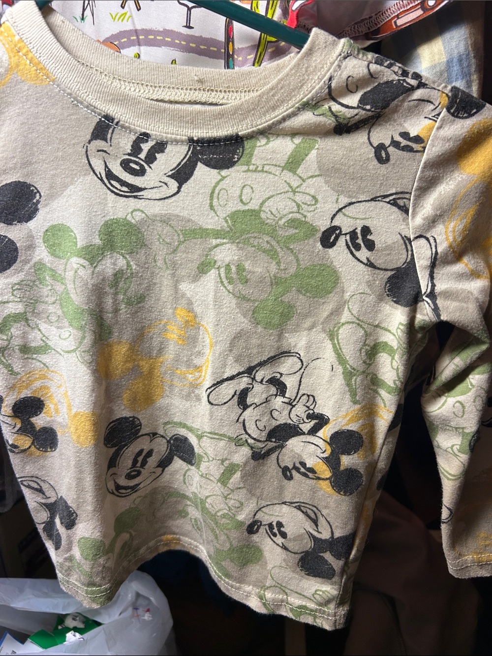 Kids Long-Sleeve Mickey Mouse Graphic Tee in Cream, Black, Green & Yellow Size 4